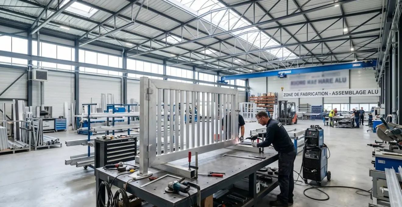 Vue d'ensemble d'un atelier de fabrication moderne avec un portail aluminium en cours d'assemblage sur établi, outils professionnels visibles, lumière naturelle zénithale par verrière