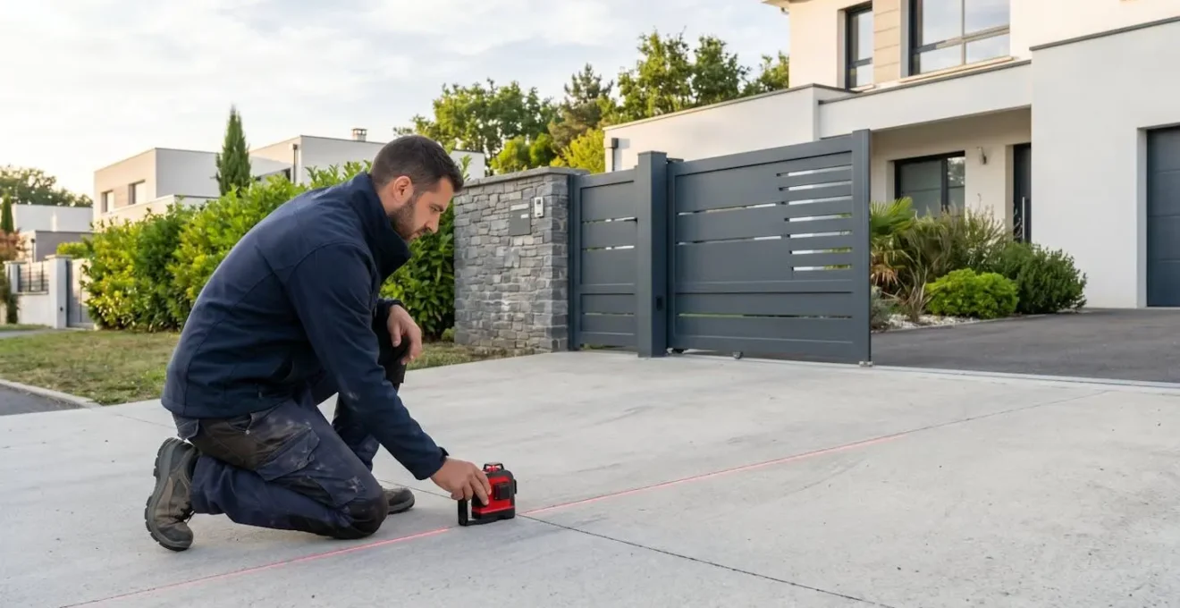 Une personne vue de profil utilise un niveau laser rouge pointé vers le sol d'une allée en pente, avec un portail aluminium en arrière-plan sous lumière naturelle