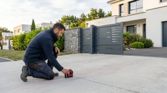 Une personne vue de profil utilise un niveau laser rouge pointé vers le sol d'une allée en pente, avec un portail aluminium en arrière-plan sous lumière naturelle