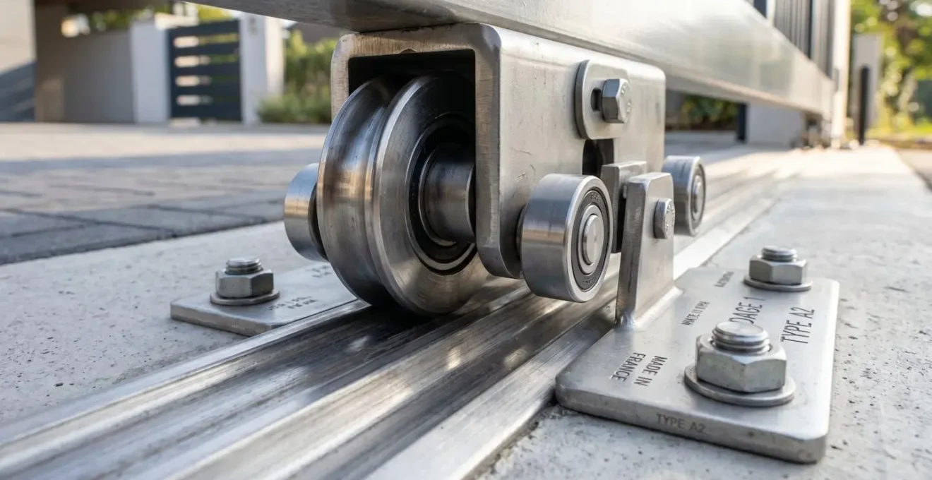 Gros plan sur un rail de portail coulissant en aluminium brossé avec système de guidage visible, arrière-plan flouté montrant une allée pavée en pente sous lumière rasante