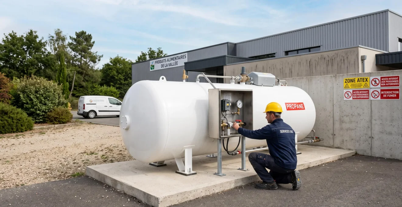 Citerne de stockage de gaz propane installée sur le site d'une entreprise française, avec un technicien professionnel effectuant un contrôle technique de l'installation dans un environnement industriel contemporain