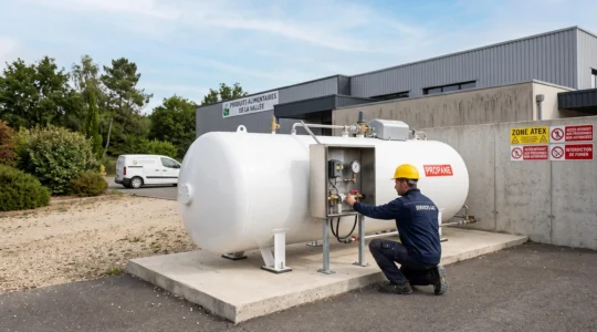 Citerne de stockage de gaz propane installée sur le site d'une entreprise française, avec un technicien professionnel effectuant un contrôle technique de l'installation dans un environnement industriel contemporain
