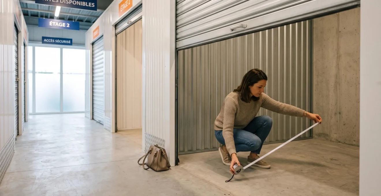 Client évaluant les dimensions d'un box de stockage ouvert dans une installation moderne et sécurisée