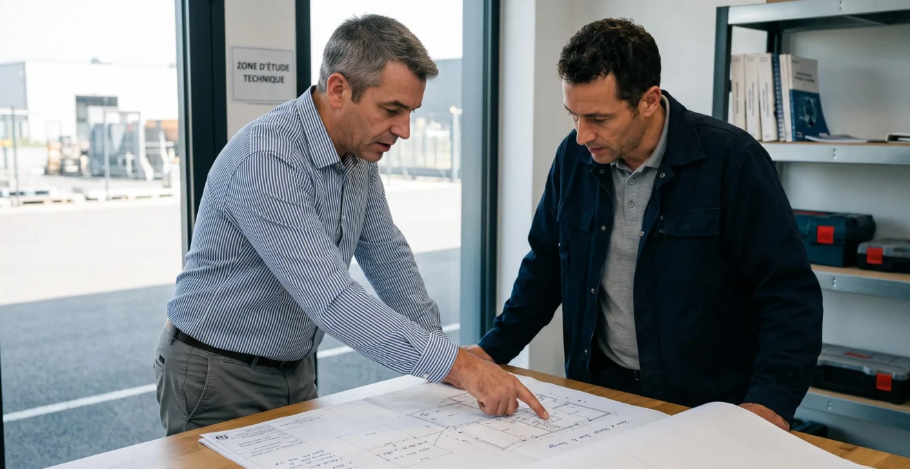 Conseiller technique en énergie et dirigeant d'entreprise en discussion autour d'un projet d'installation gaz propane, examinant ensemble un document technique dans un contexte professionnel français
