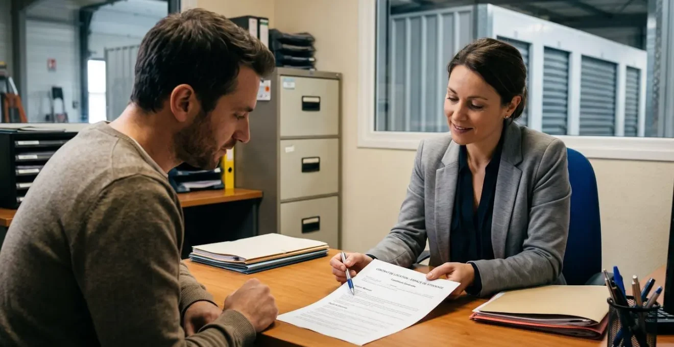 Documents contractuels et conditions de location sur un bureau d'agence de garde-meuble