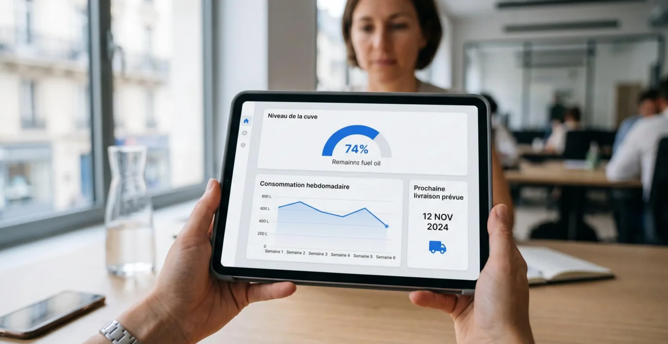 Écran de tablette affichant l'interface de suivi en temps réel de la consommation de gaz propane d'une entreprise, avec jauge de niveau et historique de consommation en français