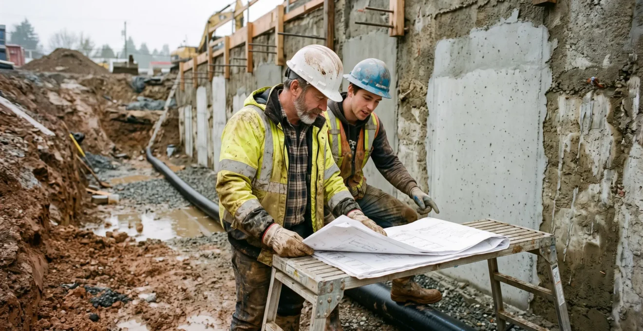 Un contremaître et un ouvrier coordonnent les travaux de drainage et de sous-œuvre au fond d'une tranchée.
