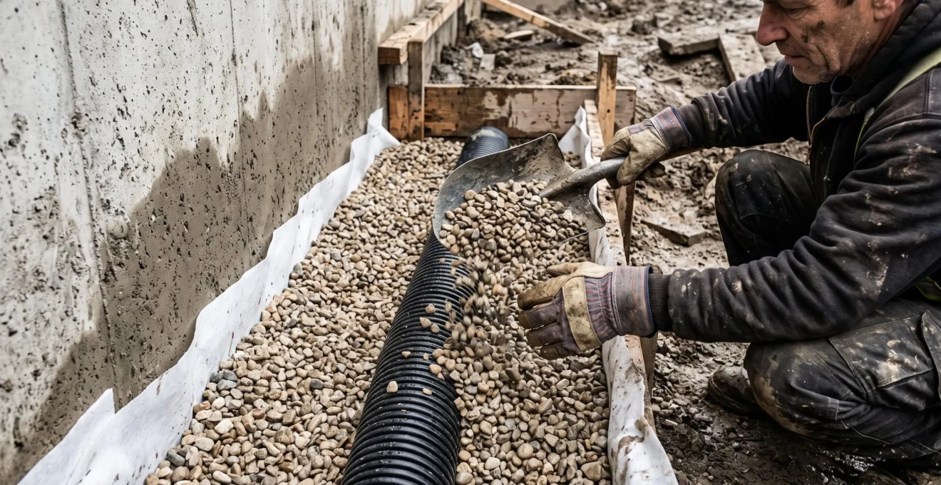 Un ouvrier recouvre de gravier un drain français installé au pied d'un mur de fondation sous-œuvré.
