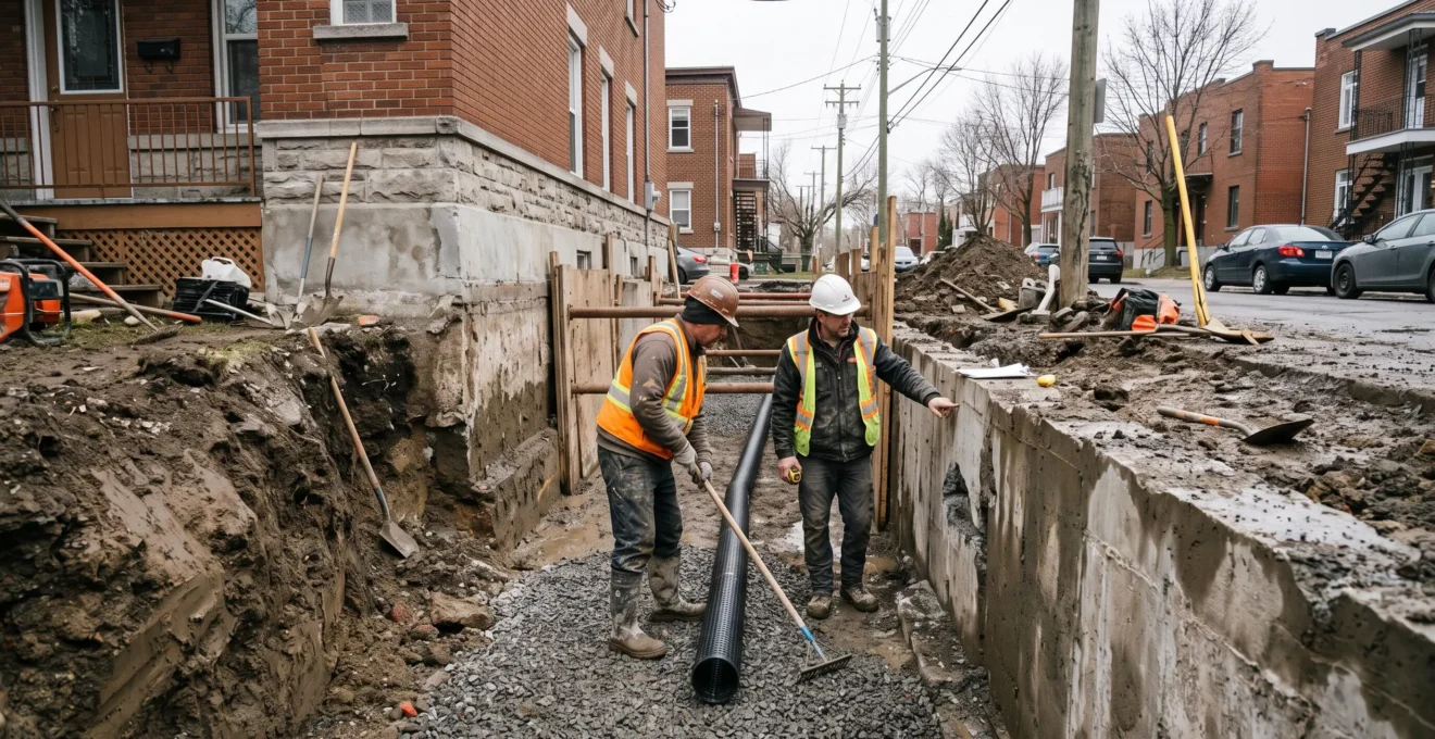 Deux travailleurs installent un drain français au pied d'une fondation excavée lors d'un chantier combiné de reprise en sous-œuvre.