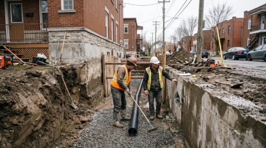 Deux travailleurs installent un drain français au pied d'une fondation excavée lors d'un chantier combiné de reprise en sous-œuvre.