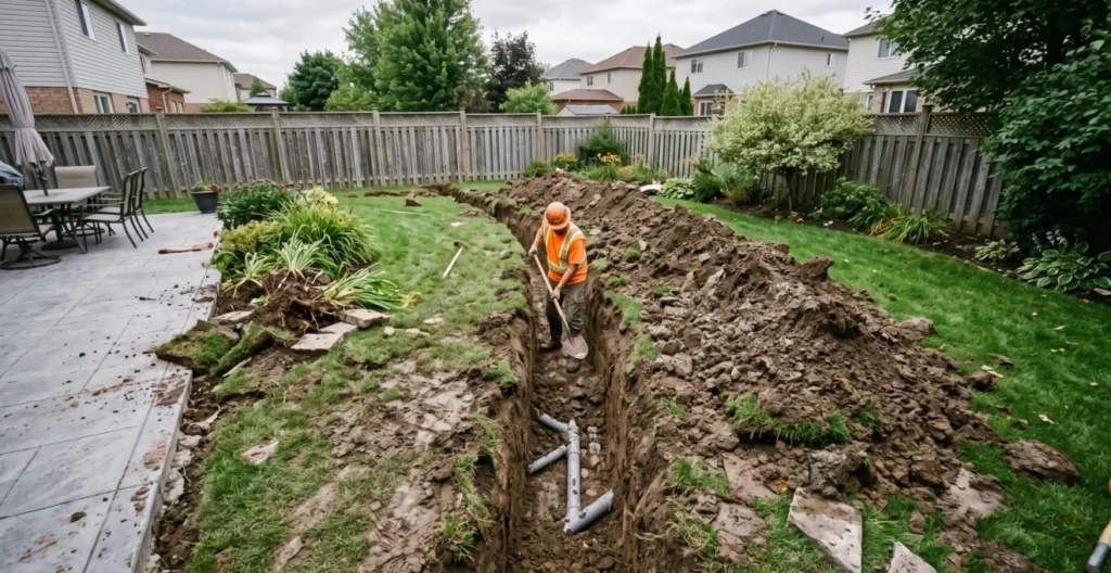 Large tranchée d'excavation creusée à travers une pelouse résidentielle pour accéder aux canalisations souterraines avec sol déplacé et aménagement paysager endommagé
