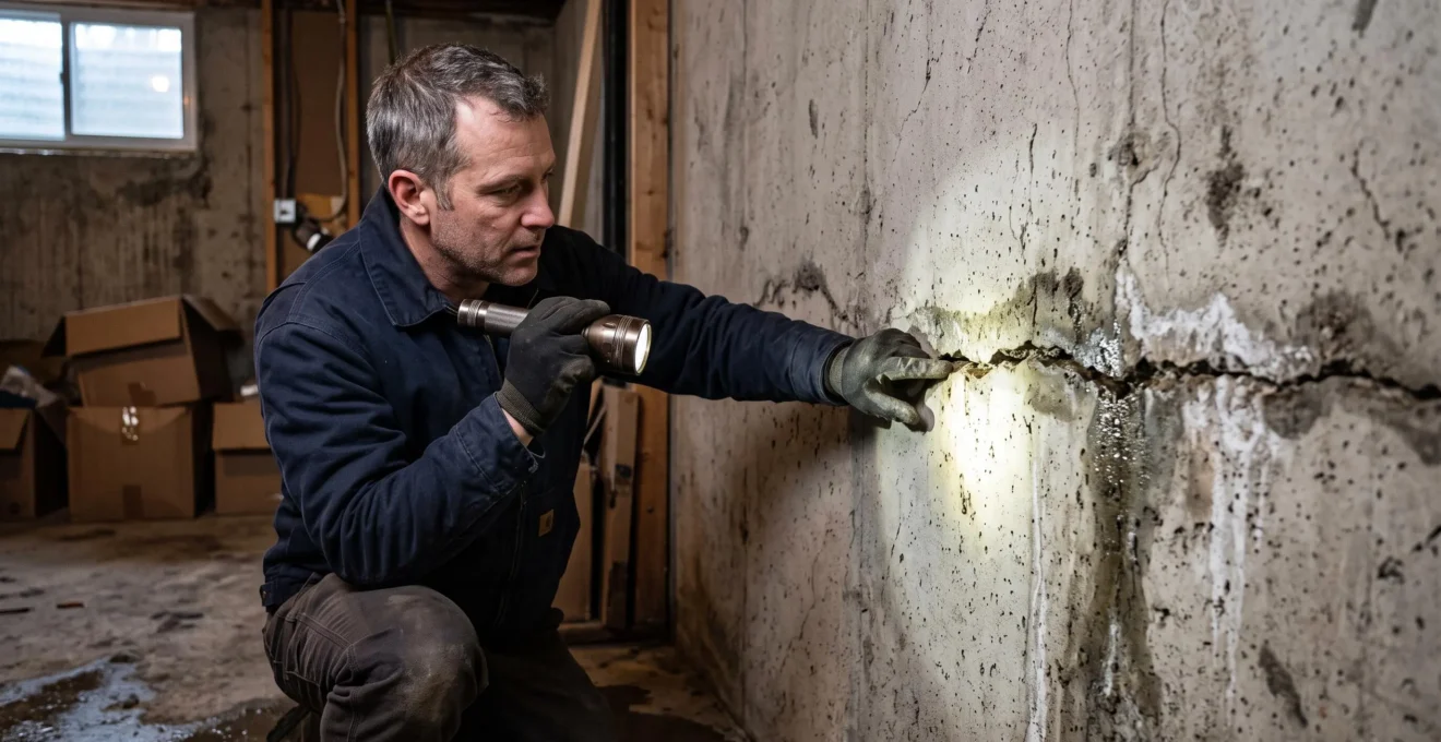 Un inspecteur examine une fissure horizontale sur un mur de fondation en béton dans un sous-sol humide.