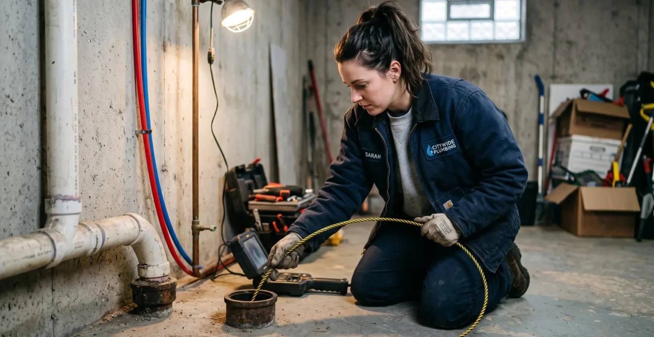 Plombier insérant une caméra d'inspection professionnelle dans un point d'accès de canalisation souterraine dans un sous-sol résidentiel