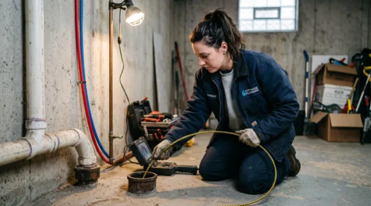 Plombier insérant une caméra d'inspection professionnelle dans un point d'accès de canalisation souterraine dans un sous-sol résidentiel