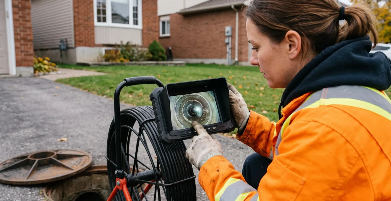 Technicien en plomberie surveillant un écran portable affichant l'intérieur d'une canalisation lors d'une inspection par caméra