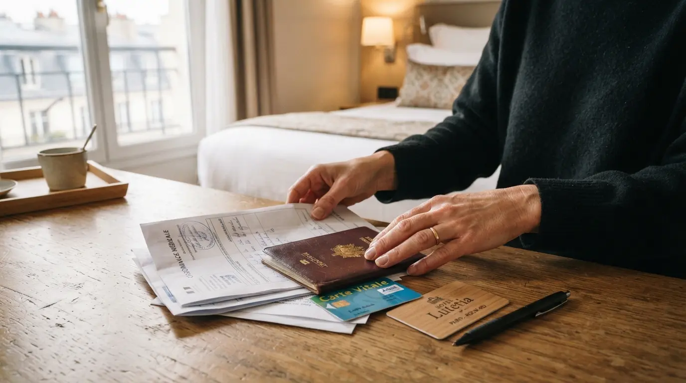 Des mains rassemblent des documents médicaux, un passeport et une carte d'assurance sur une table d'hôtel.