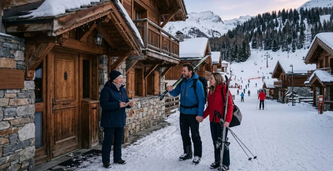 Un employé d'agence accueille un couple avec des clients devant un chalet enneigé