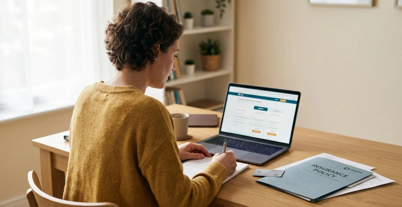 Une personne compare sur un ordinateur les garanties d'assurance avec une carte bancaire sur le bureau.