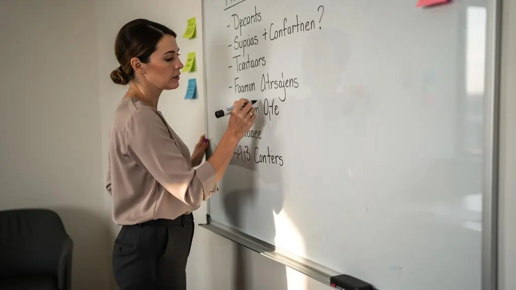 Une consultante annote une liste de critères sur un tableau blanc dans une salle de réunion.
