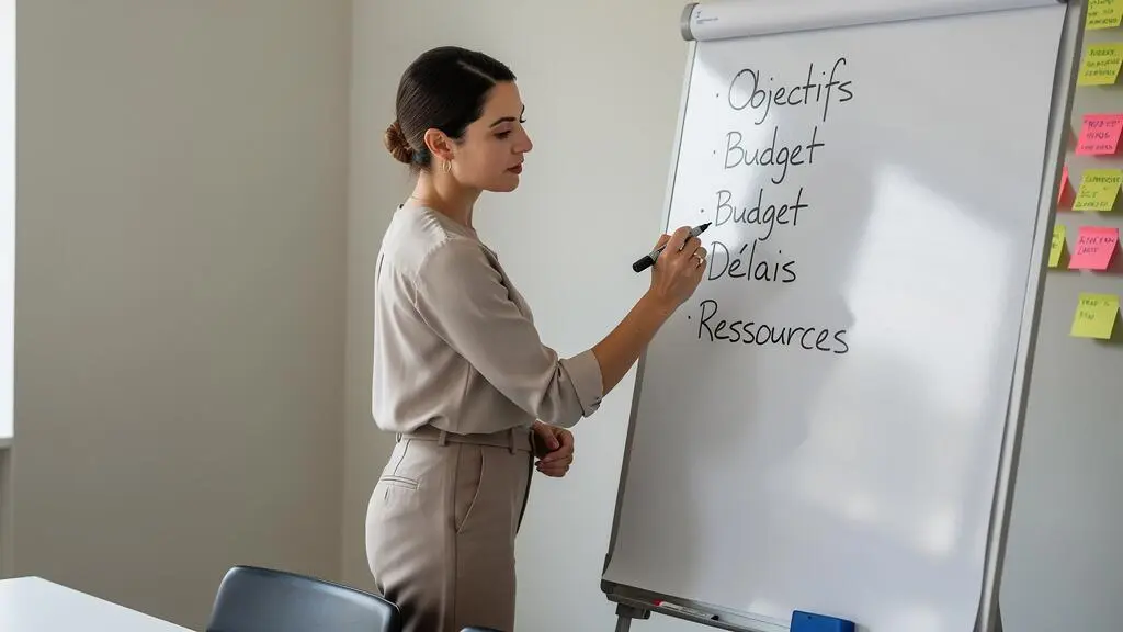 Une consultante annote une liste de critères sur un tableau blanc dans une salle de réunion.