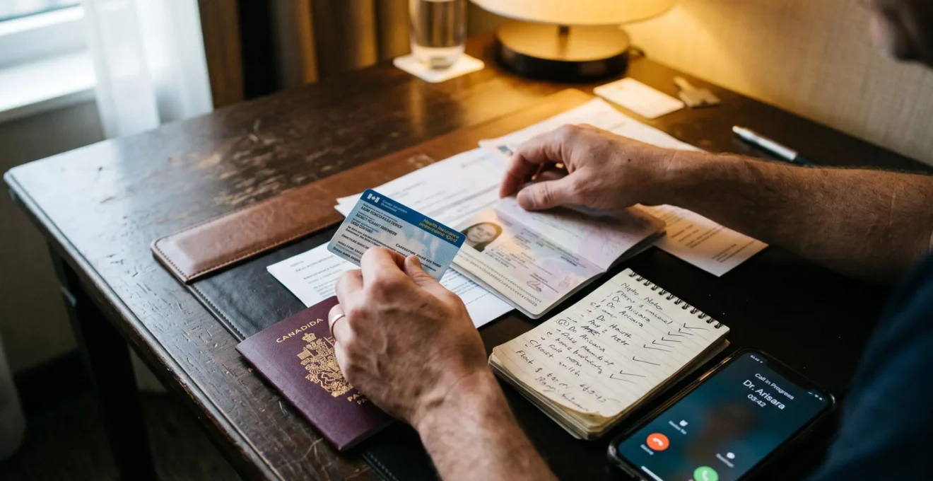 Des mains rassemblent des documents médicaux, un passeport et une carte d'assurance sur une table d'hôtel.