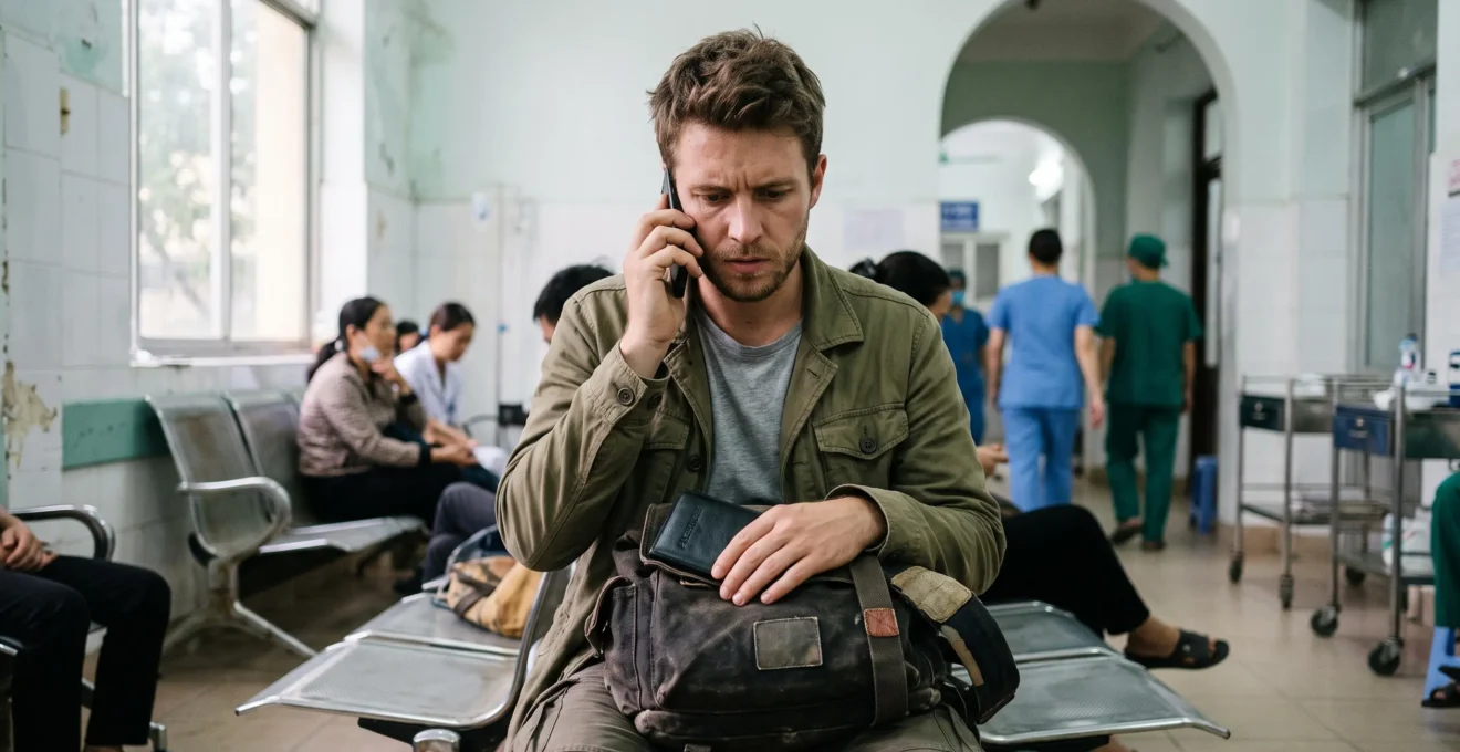 Un voyageur assis dans une salle d'attente d'hôpital appelle son assistance rapatriement au téléphone.