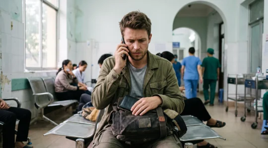 Un voyageur assis dans une salle d'attente d'hôpital appelle son assistance rapatriement au téléphone.